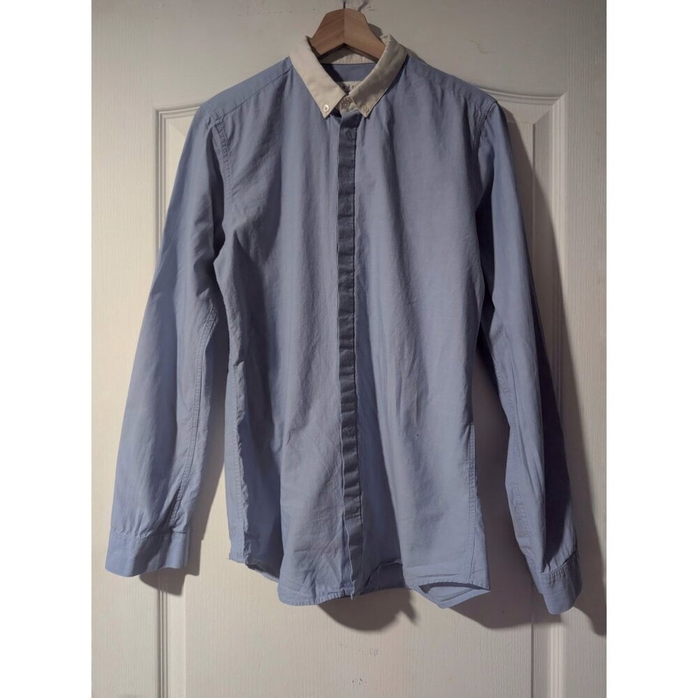 Sandro | Men's Contrast Collar Hidden Placket Button Down Shirt In Blue/White